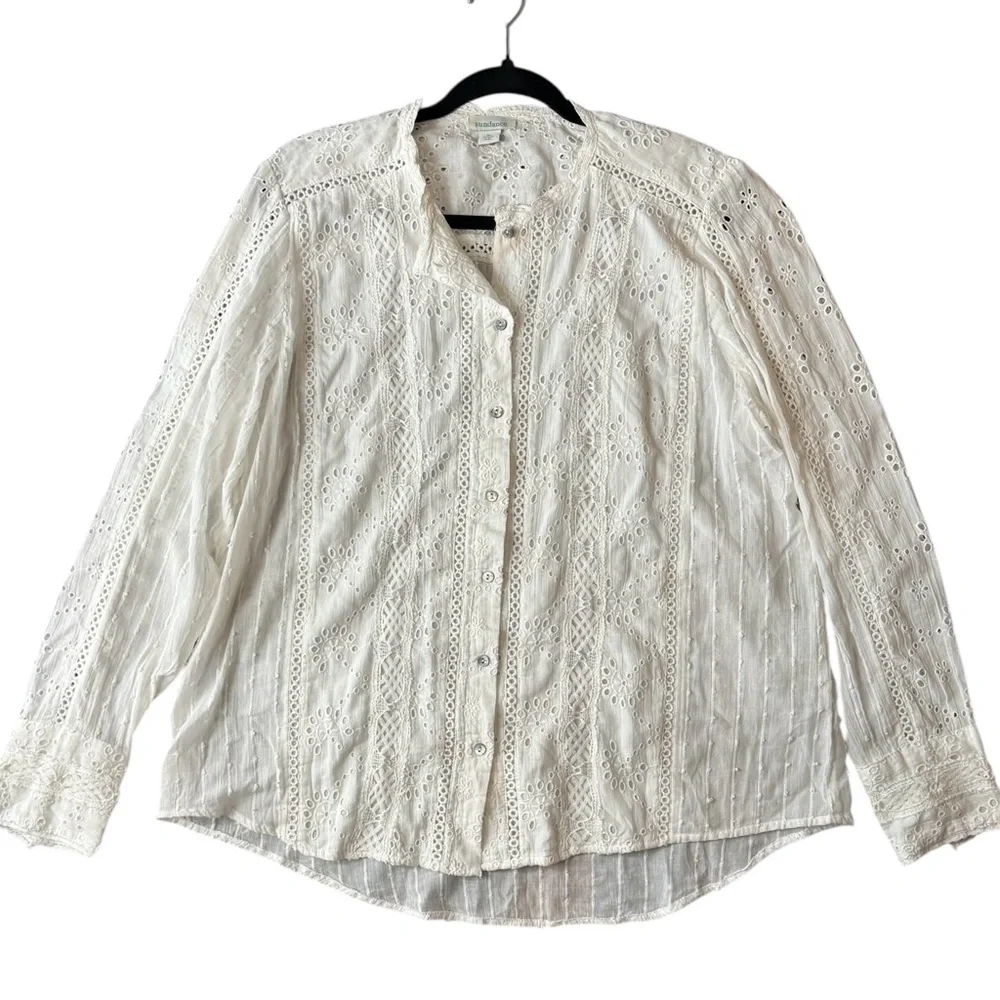 Sundance White Eyelet Lace XL Boho Victorian Cottagecore Cotton Button Front Top - Picture 7 of 14